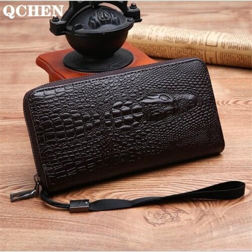 Mens wallet long crocodile pattern Single zipper Mobile phone bag High capacity business mens bag multi-function fashion 868