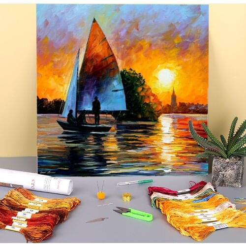 Oil Painting Style Sunset Pre-Printed 11CT Cross Stitch Set Embroidery DMC Threads Painting Craft Handiwork Sewing Magic