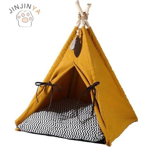 Pet Tent For Dogs Puppy Cat Bed Yellow Canvas Dog Cute House Pet Teepee With Cushion For Pets Up To 15lbs