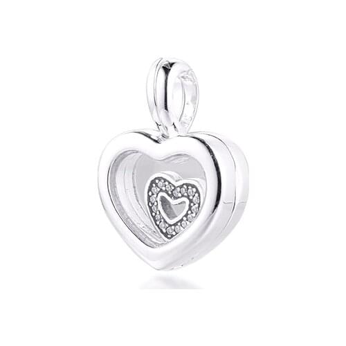 Fits for Pandora Charms Bracelets 925 Sterling-Silver-Jewelry Floating Heart Locket Beads with Glass & Clear CZ Free Shipping