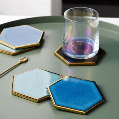 Behogar Ceramic Coasters Nordic Hexagon Gold-plated Heat Insulation Porcelain Placemat Mat Pads Kitchen Table Decorations 4 Inch