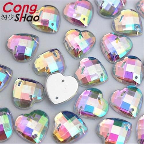 Cong Shao 100Pcs 14mm AB Clear Heart Acrylic Rhinestone Flatback Beads Decoration Clothes Bags Sewn on 2 Hole CS123