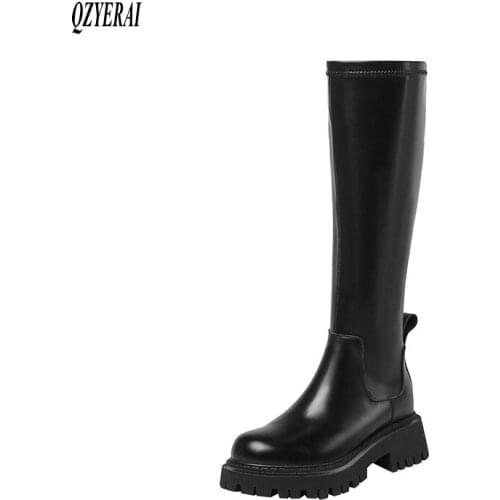QZYERAI New Winter Genuine Leather Knee Boots Women Boots Motorcycle Boots Female Boots Stretch Warm Women Shoes