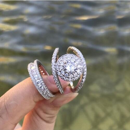 Luxury 925 Sterling Silver SONA Stone Wedding Ring Female Engagement Double Halo Round Cut Set Jewelry