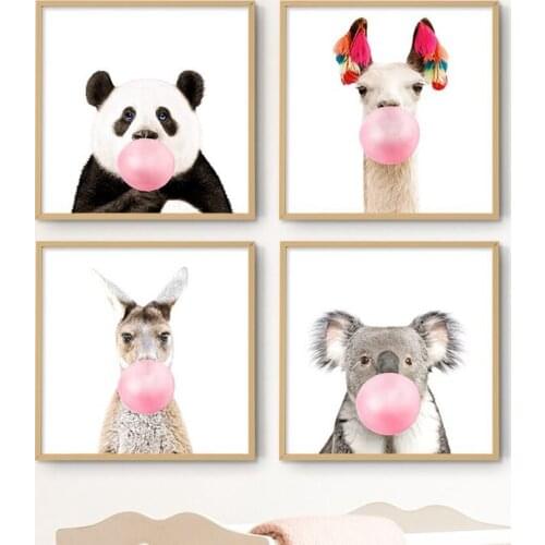 Safari Animals With Pink Bubble Nursery Art Decor Canvas Painting , Animal Panda Koala Alpaca Canvas Art Prints Girls Room Decor
