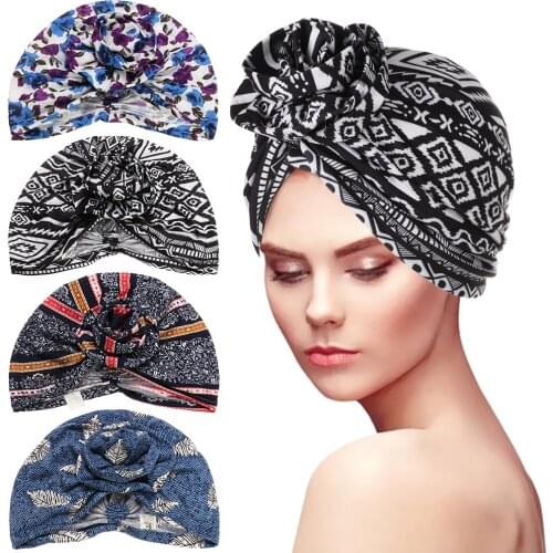 New Women Turban Hat Bohemia Style Flower Hijab Caps Beanie Hair Accessories India Hat Muslim Scarf Cap Hair Loss dropshipping