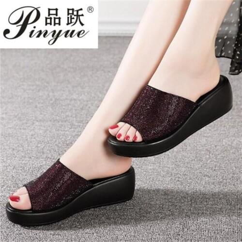 Rhinestone High Heel Sandals Genuine Leather Slippers Plus Size 35--40 Summer Womens Sandals Peep Toe Gladiator Heels