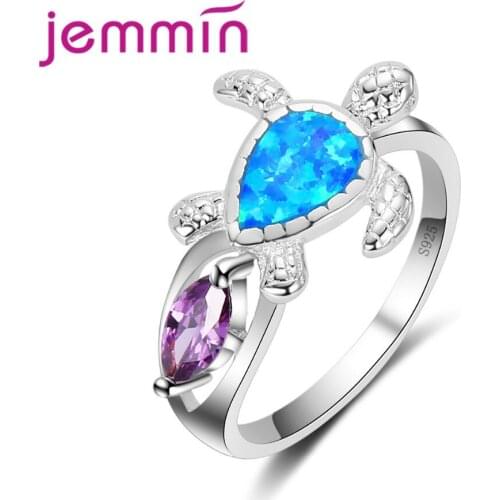 Cute Tortoise Opal Ring 925 Sterling Silver Blue Fire Opal Ring with Purple Stone for Women Girls Christmas Gift