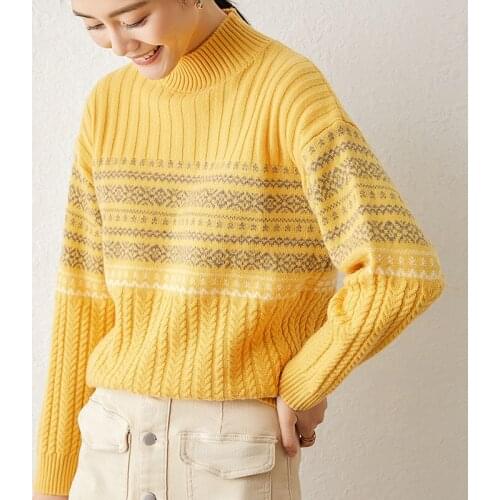 Womens cashmere sweater autumn and winter half high neck horizontal pattern jacquard pullover sweater new loose casual sweater