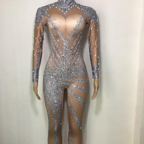 Bright Rhinestones Long Sleeves Jumpsuit Sexy Stones Leggings Stage Performance Wear One Piece Costume Jumpsuit