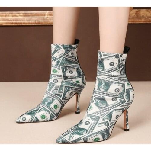 Handmade Newspaper Image PU Upper Pointed Toe Women Short Booties Slip-on Thin High Heel Ladies Ankle Boots