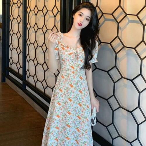 2021 Summer New Long Dress, Sweet Floral, Fresh Waist, Thin Temperament, Fairy Split Square Collar, Fashion Self-cultivation
