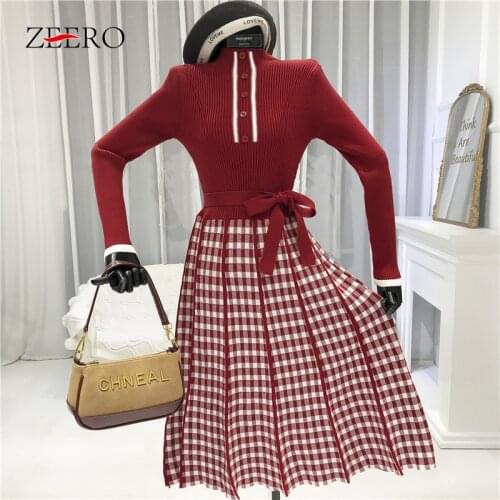 2020 Winter Turtleneck Long-sleeved Patchwork Knitting Plaid Dress Elegant Single Breasted Bow Sashes Women Vintage Midi Dresses