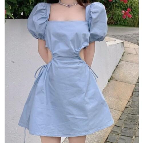 2021 New Summer Vintage Elegant Blue Women Dress Kawaii Backless Sexy Mini Dress Casual Puff Sleeve Party Short Sleeve Dresses