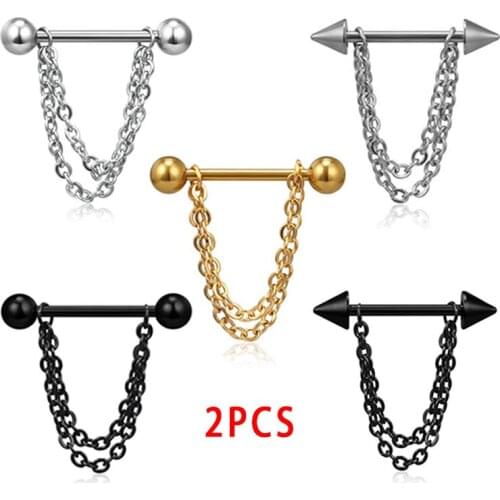 1 Pair Pierced Nipple Breast Rings Nail Barbell Steel Chain Pendant Body Piercings Jewelry