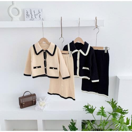Fashion Kids Girl Sweater Suits Baby Girls Long Sleeve Knitted Sweater Cardigan Coats+Pants 2Pcs Fall Children Clothes Sets 2-8Y