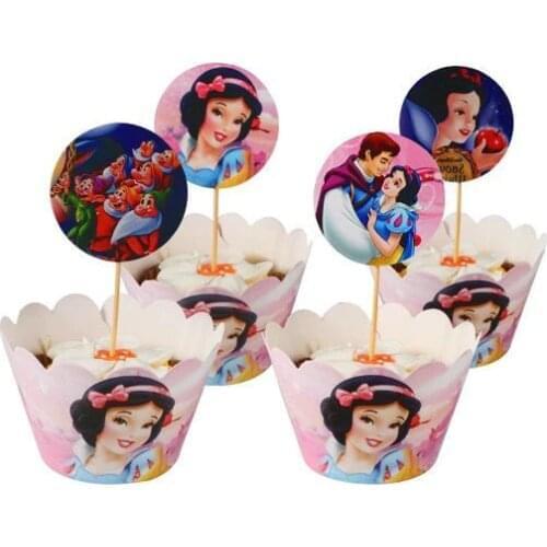 24 pcs Disney Six Princess Cartoon Kids Birthday Party Cupcake Wrappers & Toppers Snow White Christmas Cake Decorations Supplies