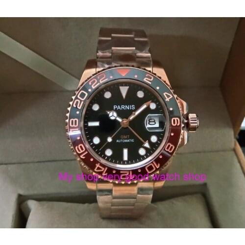 41MM PARNIS Automatic Self-Wind movement Ceramic bezel Sapphire Crystal luminous Rose Gold case GMT mens watch pa39-p8