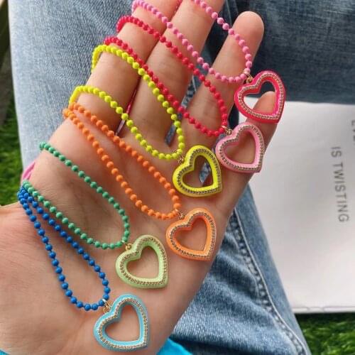 5PCS, Neon Colorful Enamel Heart Pendant Necklace Zircon Heart Charm New Design Lover Jewelry
