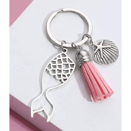 Beach Ocean Keychain Sea Key Ring Fish Tail Starfish Shell Tassel Key Chains Summer Gifts For Women Girl DIY Jewelry Handmade
