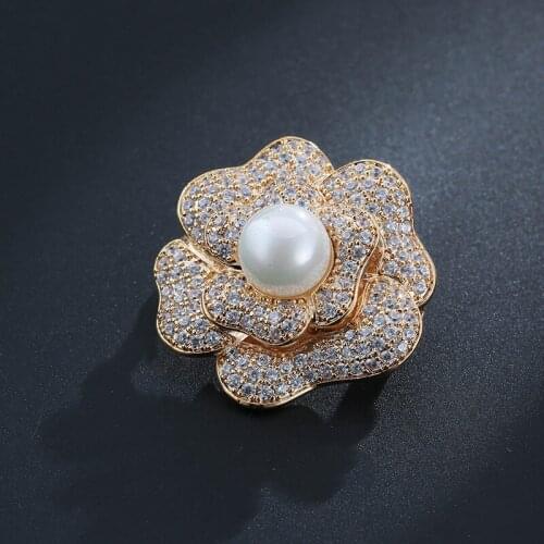 Diamond Rose Flower 14K Soild Gold Brooches for Women Trendy Anniversary Fine Pearl Jewelry Christmas Luxury Pearl Brooch Pins
