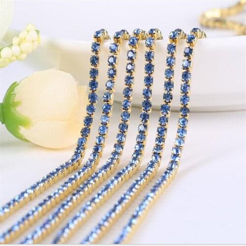 10Yard Lt Sapphire Blue Claw Crystal Rhinestones Chain Gradient DIY Dense Gold Base Rhineston Chain Garment&Bag Art Decoration
