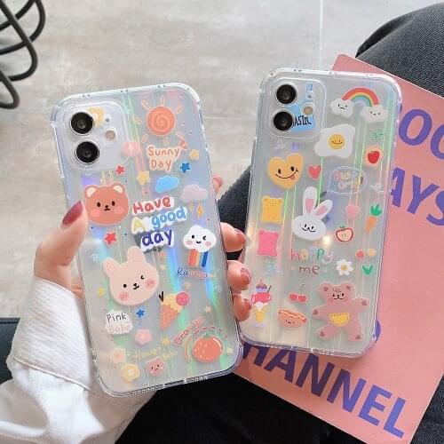 Cartoon Bear Rabbit Laser Cardboard Phone Case For iPhone 11 12 Pro Max XR XS Max X 7 8 Plus Soft TPU Shockproof Clear Cover