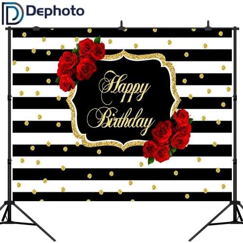 DePhoto Happy Birthday Party Photography Backdrops Black White Stripes Golden Dots Rose Flower Decoration Photo Background