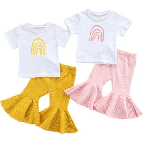 Infant Baby Girls Short Sleeve T-shirt +Flared Pants, Rainbow Pattern Print Pullover, Bright Color Summer Clothing Set, 0-4Years