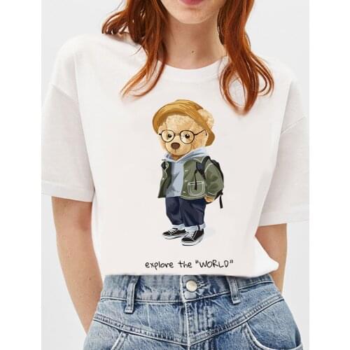 BLINGPAW Graphic T Shirts Teddy Bear explore the world Letter Print T-shirt Pure Cotton Unisex Tees Summer Tee Shirts 19 Colors