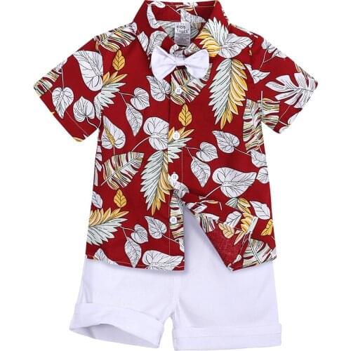 Cotton Leaves Print 2Pcs Children Outfits Sets Bow Gentleman Short Sleeve Shorts Kids Clothes Casual Summer T-shirt For Boys