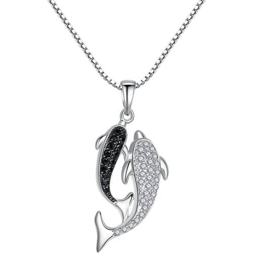 Exquisite 925 Sterling Silver Mirco Zircon Double Dolphin Pendants Necklaces for Women Jewelry Choker Chain Necklaces