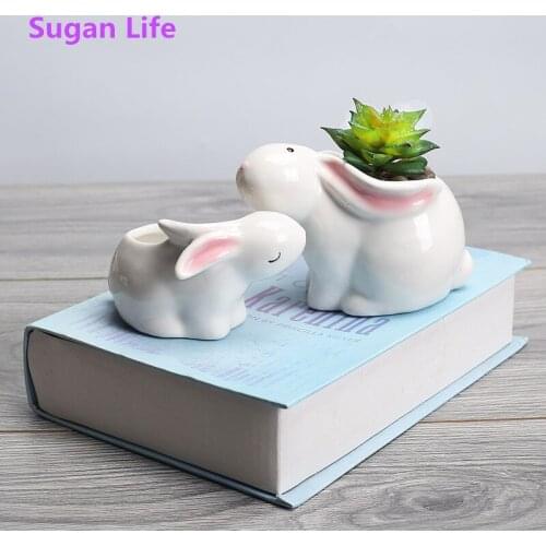 Suganlife Creative Cartoon Rabbit Ceramic Gardening Flowerpot Green Plant Pot Fleshy Garden Pot Culture Fashion Home Decoration