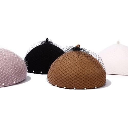 Classical Womens Franch Inspired Wool Felt Beret Hat with Veil Cocktail Hat Beanie Hat Cap