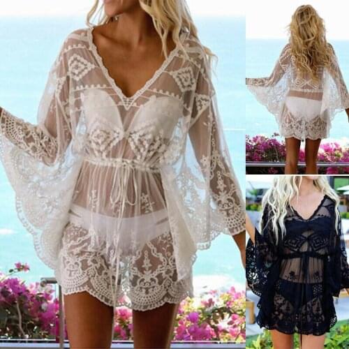 Summer Women Sexy Boho Floral Lace Bikini Cover-up Beach Dress Coat Top