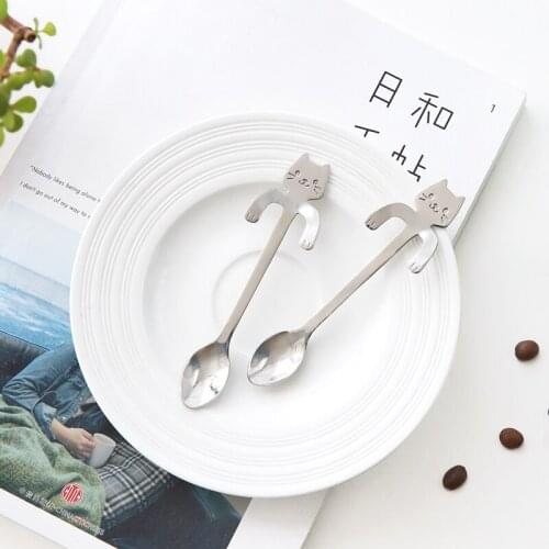 Cute Stainless Steel Cat Spoon Long Handle Tea Coffee Spoons Flatware Drinking Tools Kitchen Gadgets