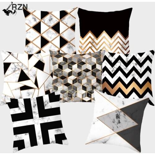 Marble Black Geometric Cushion Cover Gold White Strip Decorative Pillowcase Polyester Pillow Cover 45x45 Sofa Home Decor