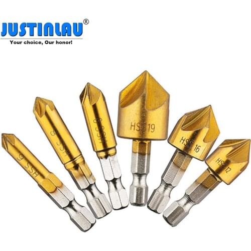 JUSTINLAU 6pcs/set 6-19mm Countersink Drill Bit 5 Flutes Hex Shank Titanium Coated Chamfer Cutter Set 6/8/9/12/16/19mm