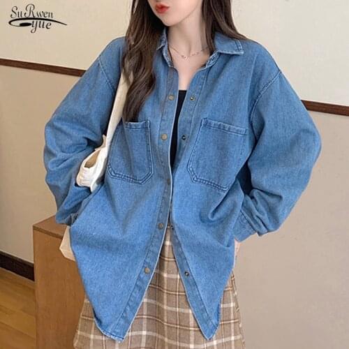 2021 New Women Clothes Jean Jacket Plus Size Jeans Denim Coat Korean Loose Womens Spring Autumn Jacket Blue Casual Tops 16303