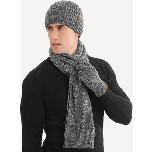 New Arrival Mens Bussiness Knitted Scarves Gloves Hat Sets Three-piece Suit Warm Hat Scarf Phone Pad Touch Screen Gloves Set