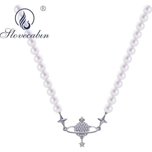 Slovecabin Original 925 Sterling Silver Pearl Star & Moon Planet Chain Necklace With Clear CZ Geometric Fine Jewelry Making Gift