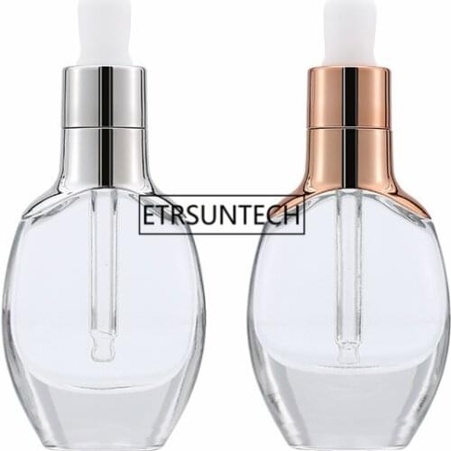50pcs 30ml clear glass dropper bottle essence lotion cosmetic empty container gold silver cover F3463