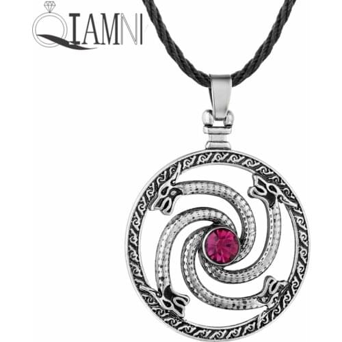QIAMNI Crystal Valknut Slavic Wolfs With Red Stone Talisman Knot Round Pendant Necklace Gift Men Amulet Nordic Viking Jewelry