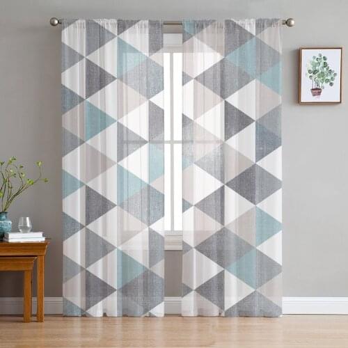 Rhombus Plaid Texture Retro Geometry Tulle Curtain Voile Transparent Tulle for Bedroom Living Room Kitchen Sheer Window Curtains