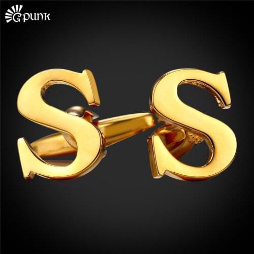 Luxury Cufflinks For Men Alphabet S Letter Cuff Button Gold color Male French Nail Sleeve Shirt Cuff Links Free Shipping C2049G