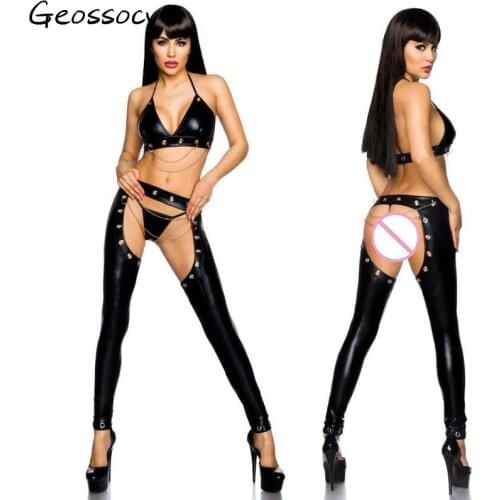 Sexy wetlook Faux Leather Catsuit PVC Hollow chain Latex Jumpsuit chain Open Crotch Clubwear fetish hot erotic lingerie bodysuit