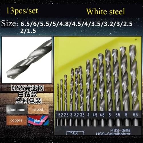 13pcs/set 1.5MM-6.5MM high quality HSS Round handle High Speed Steel Twist Drill bit metal,wood,copper,plastic drilling tool