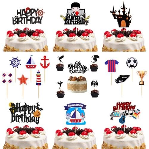 Happy Birthday Anchor Football Cake Topper Dragon Castle Music Cupcake Topper Skeleton Baking Decor DIY Halloween Party Flag