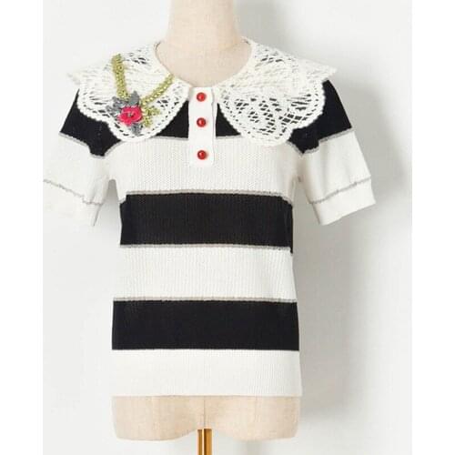 Contrasting Striped Hollow Embroidery Knit Top Lace Doll Collar Short-Sleeved Sweater Sweet Knit Korean Top