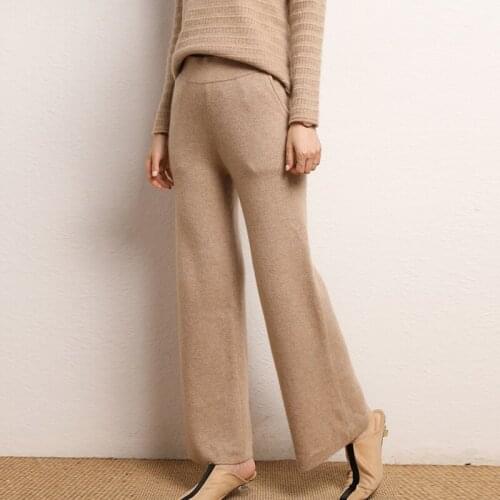 Women Pants 2020 New Autumn and Winter Soft Comfortable High-Waist 100% Cashmere Knitted Pants Female Pure Color Wide Leg Casual